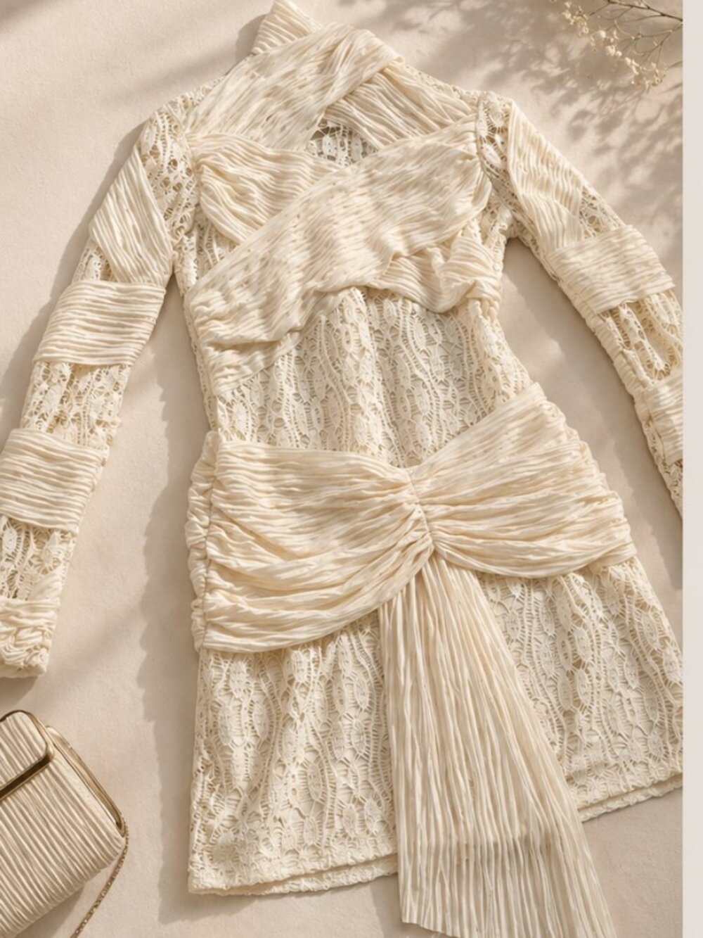Ivory Lace Mini Dress Ruched Sheer Sleeve Romantic Bridal Shower Soft Luxury